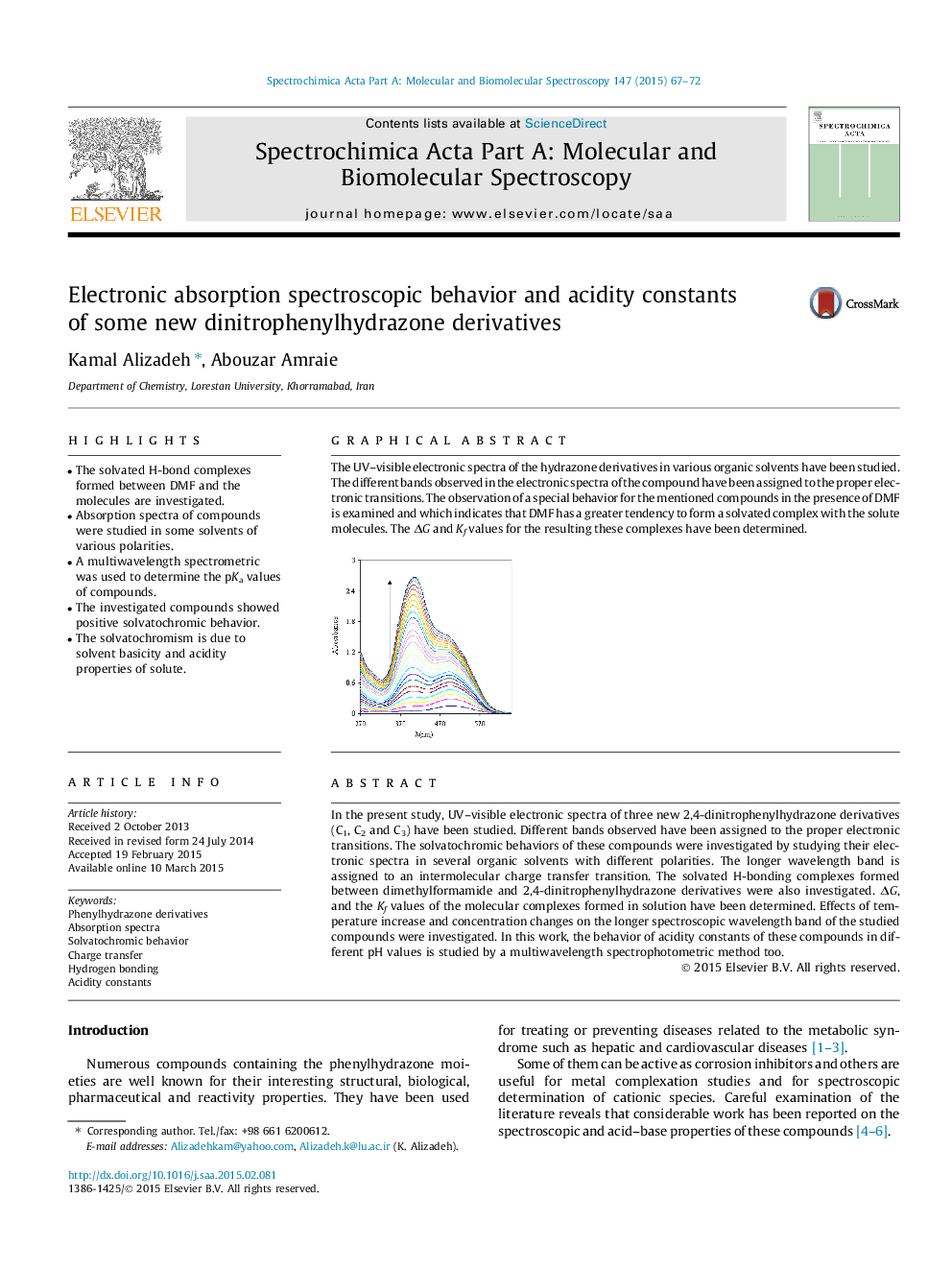 Electronic absorption spectroscopic behavior and acidity constants of some new dinitrophenylhydrazone derivatives