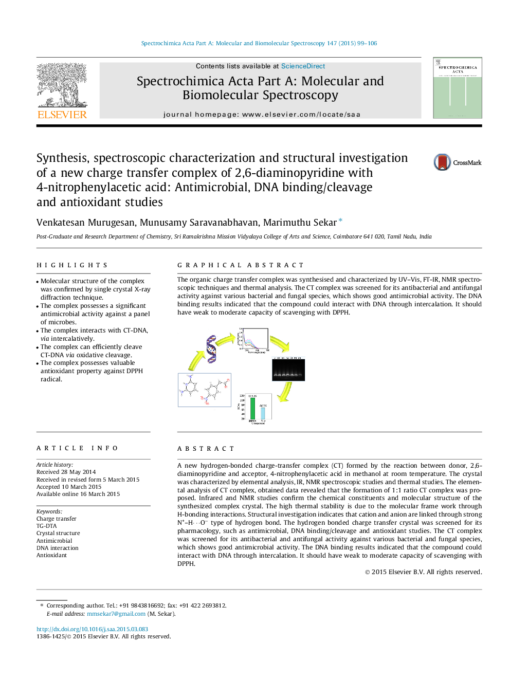 Synthesis, spectroscopic characterization and structural investigation of a new charge transfer complex of 2,6-diaminopyridine with 4-nitrophenylacetic acid: Antimicrobial, DNA binding/cleavage and antioxidant studies