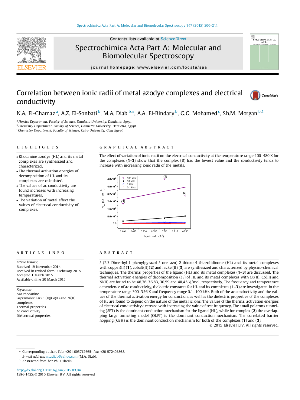 عکس صفحه اول مقاله: Correlation between ionic radii of metal azodye complexes and electrical conductivity Correlation between ionic radii of metal azodye complexes and electrical conductivity
