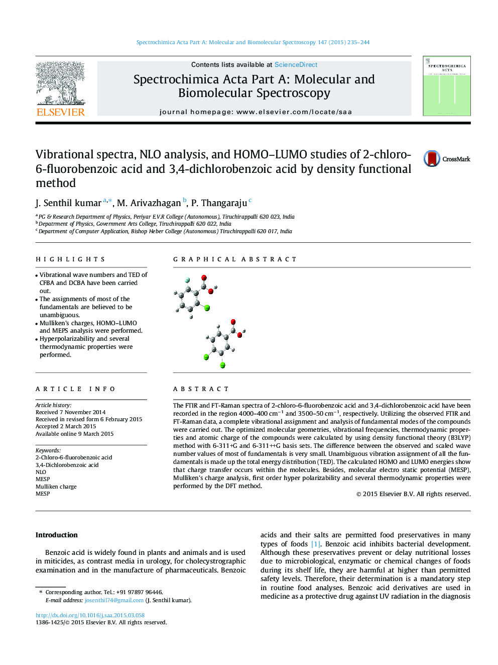 Vibrational spectra, NLO analysis, and HOMO–LUMO studies of 2-chloro-6-fluorobenzoic acid and 3,4-dichlorobenzoic acid by density functional method