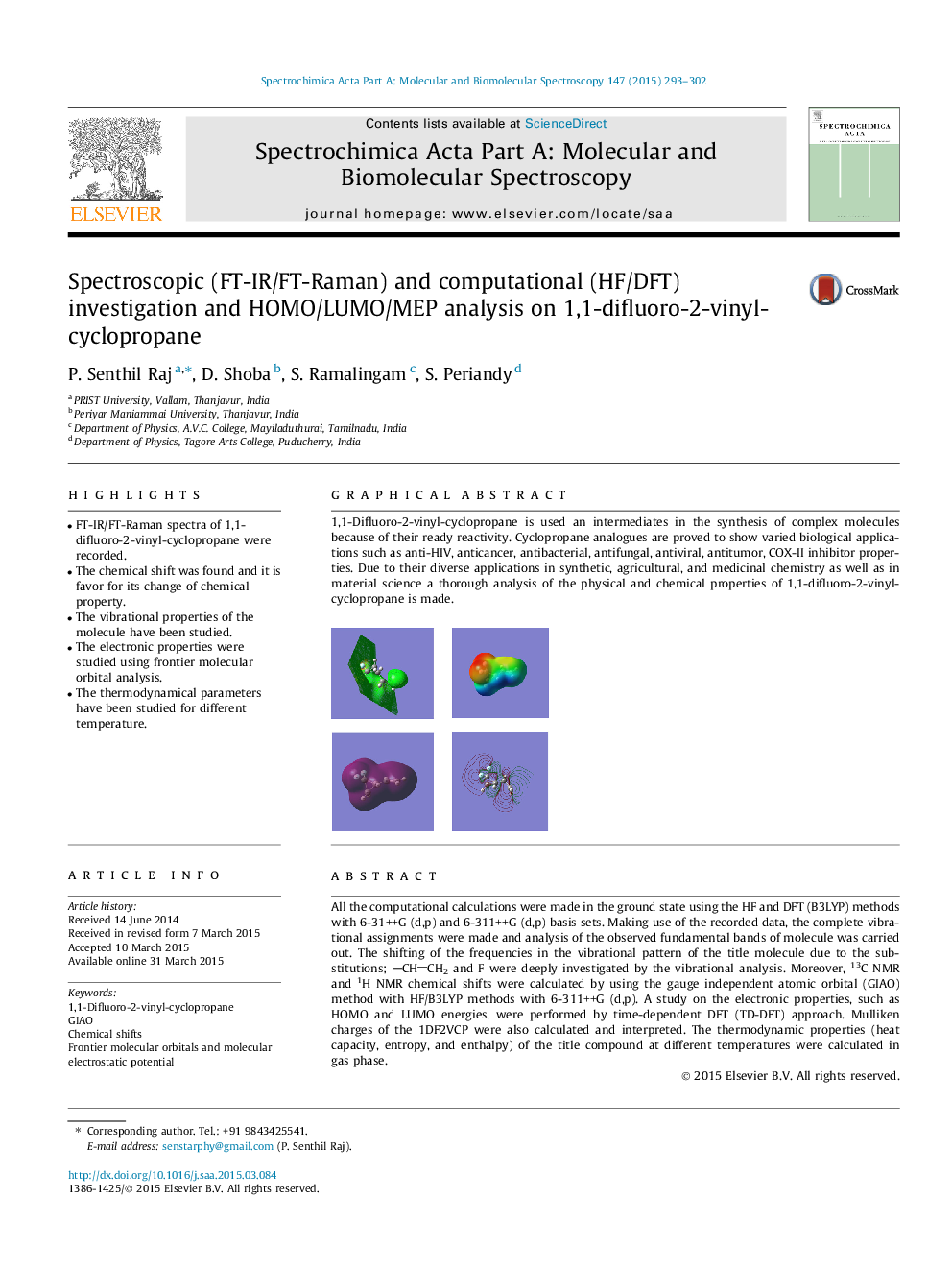 Spectroscopic (FT-IR/FT-Raman) and computational (HF/DFT) investigation and HOMO/LUMO/MEP analysis on 1,1-difluoro-2-vinyl-cyclopropane