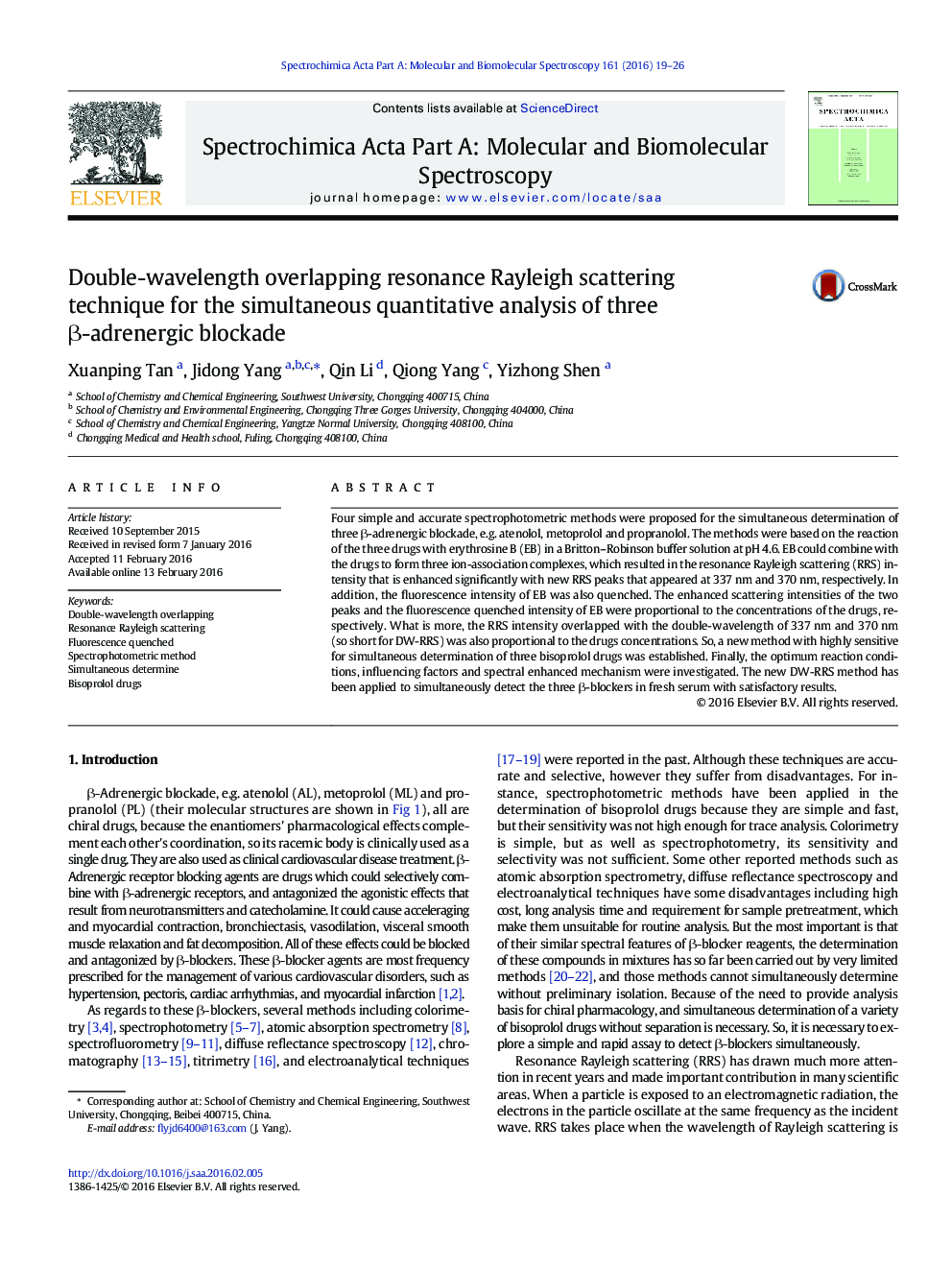 Double-wavelength overlapping resonance Rayleigh scattering technique for the simultaneous quantitative analysis of three β-adrenergic blockade