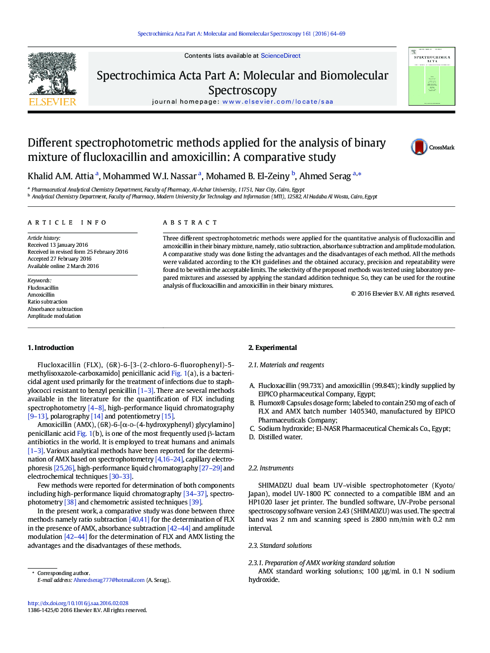 Different spectrophotometric methods applied for the analysis of binary mixture of flucloxacillin and amoxicillin: A comparative study