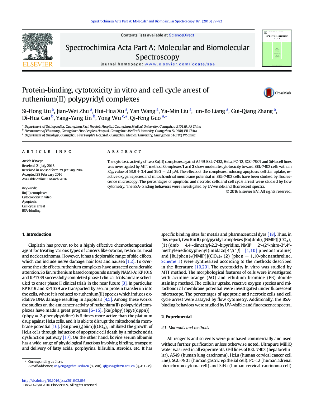 Protein-binding, cytotoxicity in vitro and cell cycle arrest of ruthenium(II) polypyridyl complexes