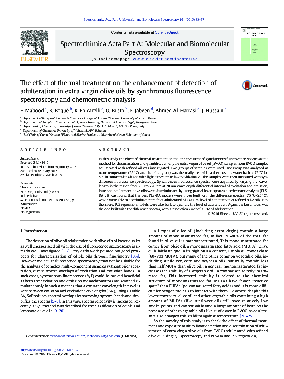 The effect of thermal treatment on the enhancement of detection of adulteration in extra virgin olive oils by synchronous fluorescence spectroscopy and chemometric analysis