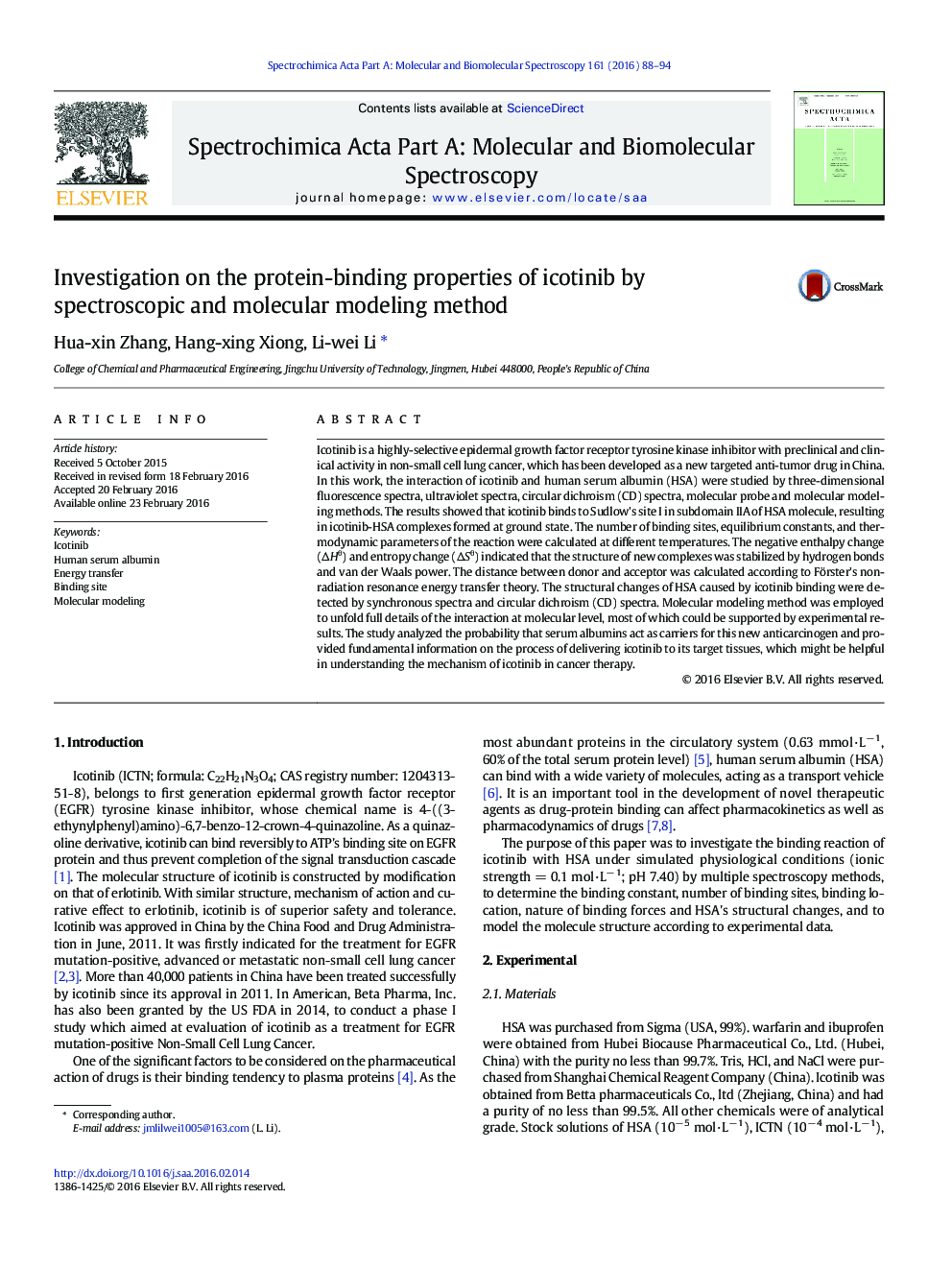 Investigation on the protein-binding properties of icotinib by spectroscopic and molecular modeling method