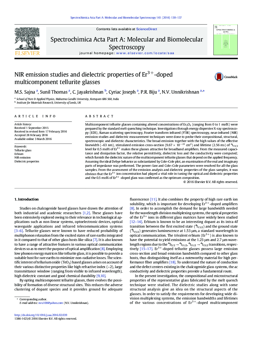 NIR emission studies and dielectric properties of Er3+-doped multicomponent tellurite glasses