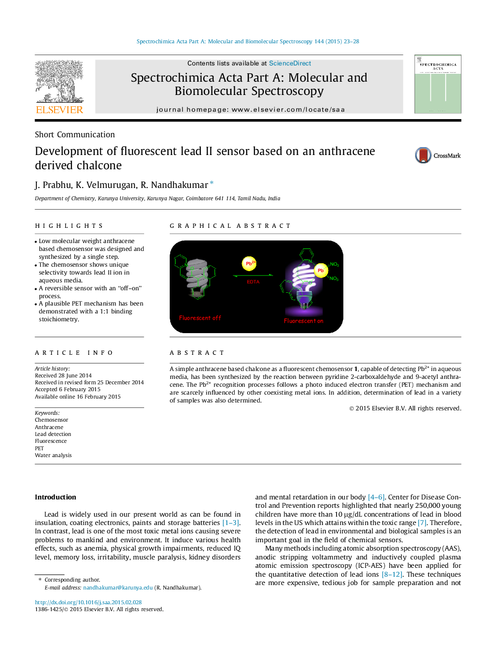 Development of fluorescent lead II sensor based on an anthracene derived chalcone