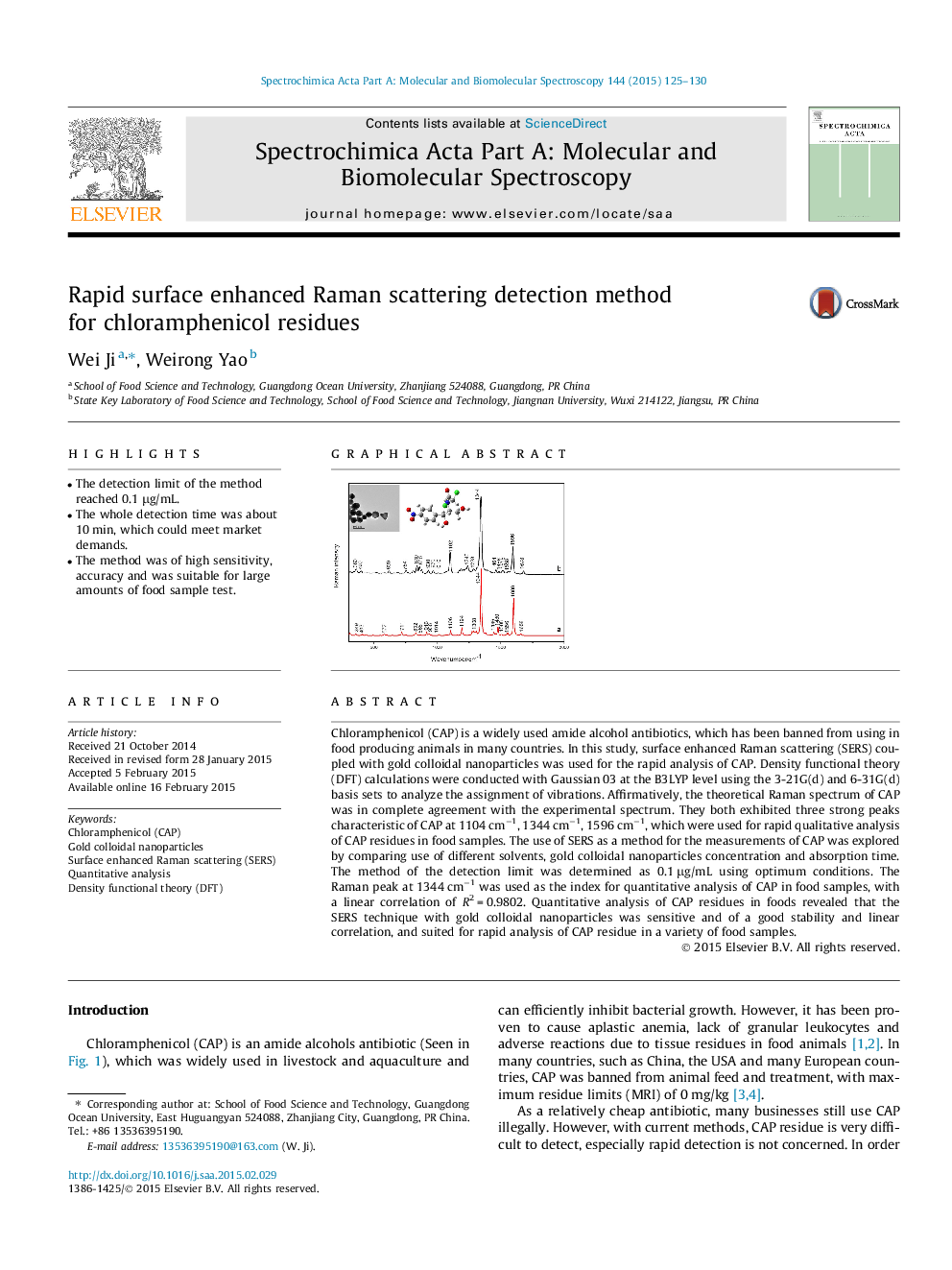 Rapid surface enhanced Raman scattering detection method for chloramphenicol residues