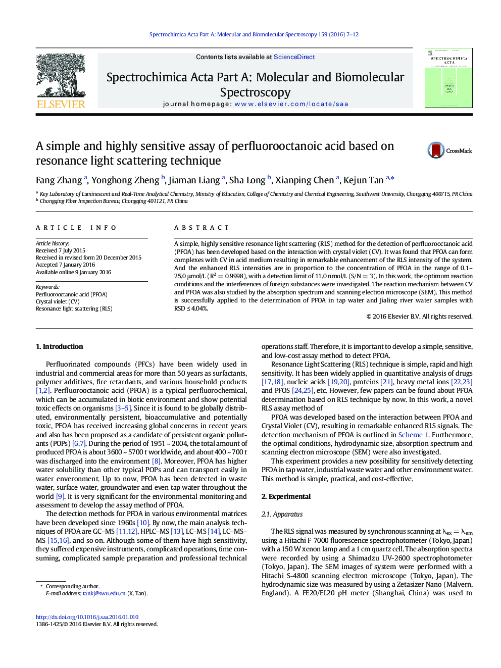 A simple and highly sensitive assay of perfluorooctanoic acid based on resonance light scattering technique