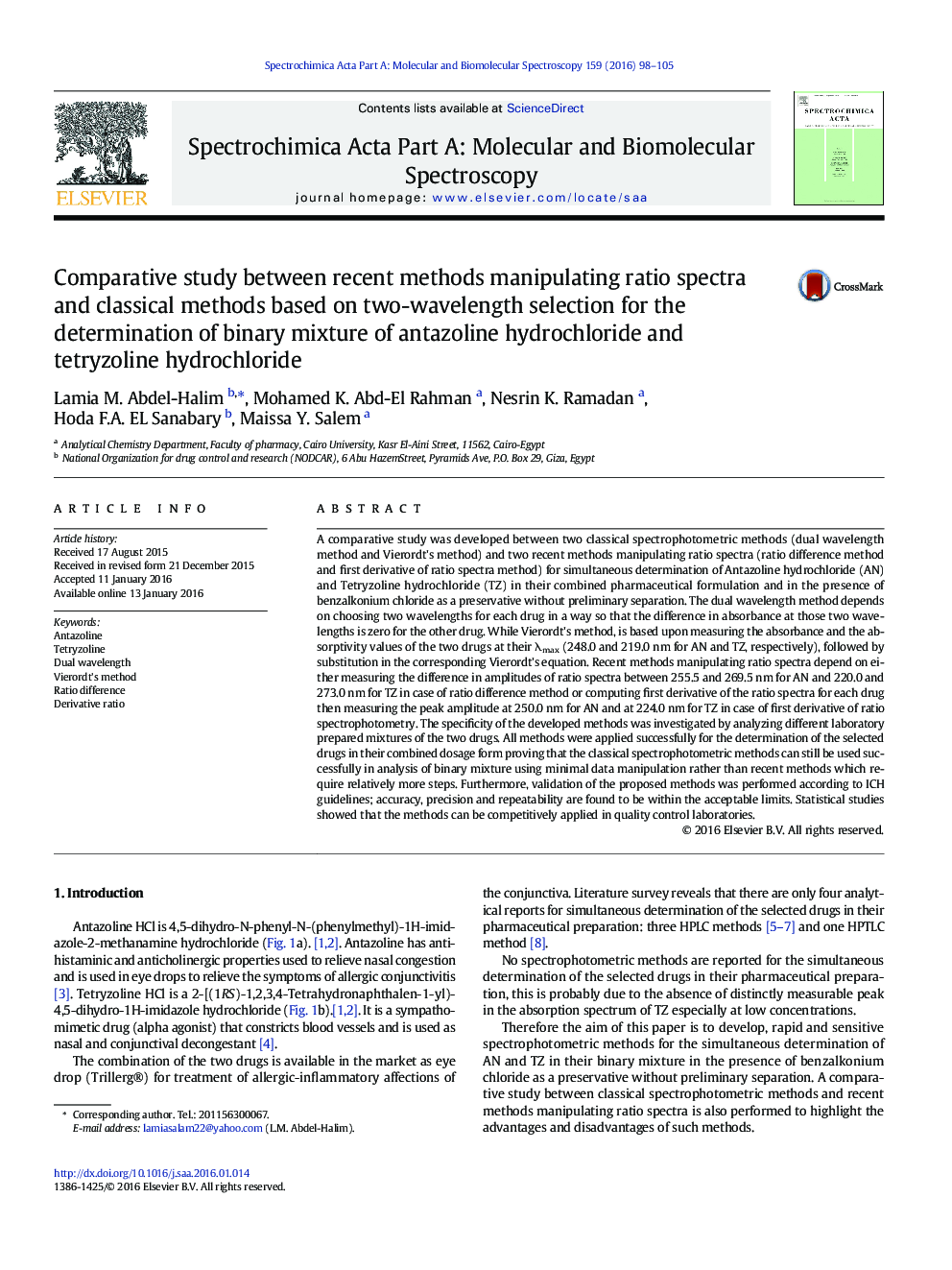 Comparative study between recent methods manipulating ratio spectra and classical methods based on two-wavelength selection for the determination of binary mixture of antazoline hydrochloride and tetryzoline hydrochloride