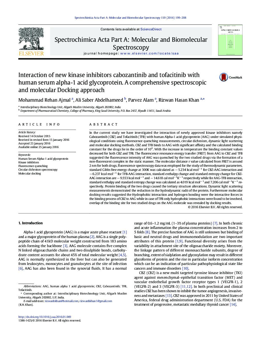 Interaction of new kinase inhibitors cabozantinib and tofacitinib with human serum alpha-1 acid glycoprotein. A comprehensive spectroscopic and molecular Docking approach