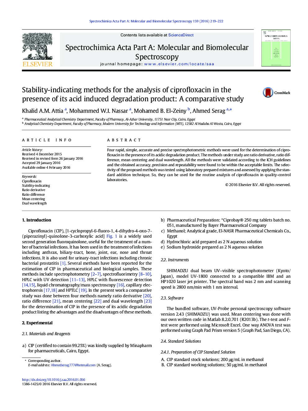 Stability-indicating methods for the analysis of ciprofloxacin in the presence of its acid induced degradation product: A comparative study