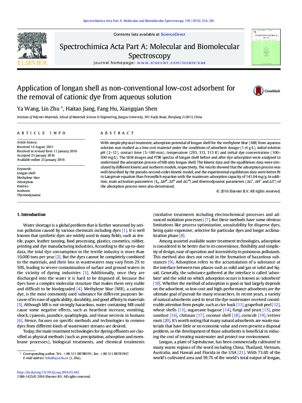 Application of longan shell as non-conventional low-cost adsorbent for the removal of cationic dye from aqueous solution