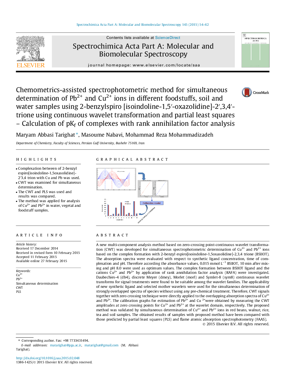 Chemometrics-assisted spectrophotometric method for simultaneous determination of Pb2+ and Cu2+ ions in different foodstuffs, soil and water samples using 2-benzylspiro [isoindoline-1,5′-oxazolidine]-2′,3,4′-trione using continuous wavelet transformation 