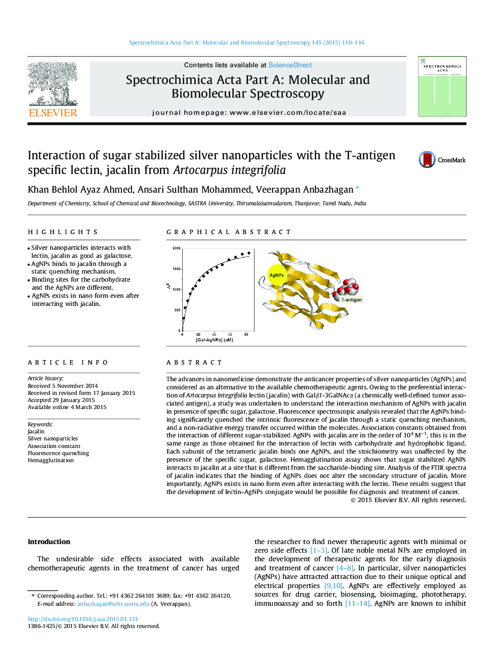 Interaction of sugar stabilized silver nanoparticles with the T-antigen specific lectin, jacalin from Artocarpus integrifolia