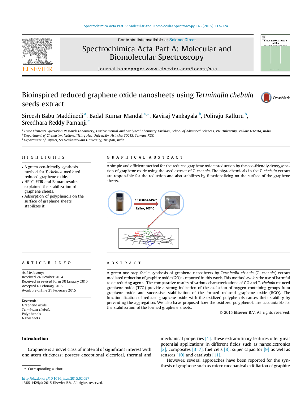 Bioinspired reduced graphene oxide nanosheets using Terminalia chebula seeds extract