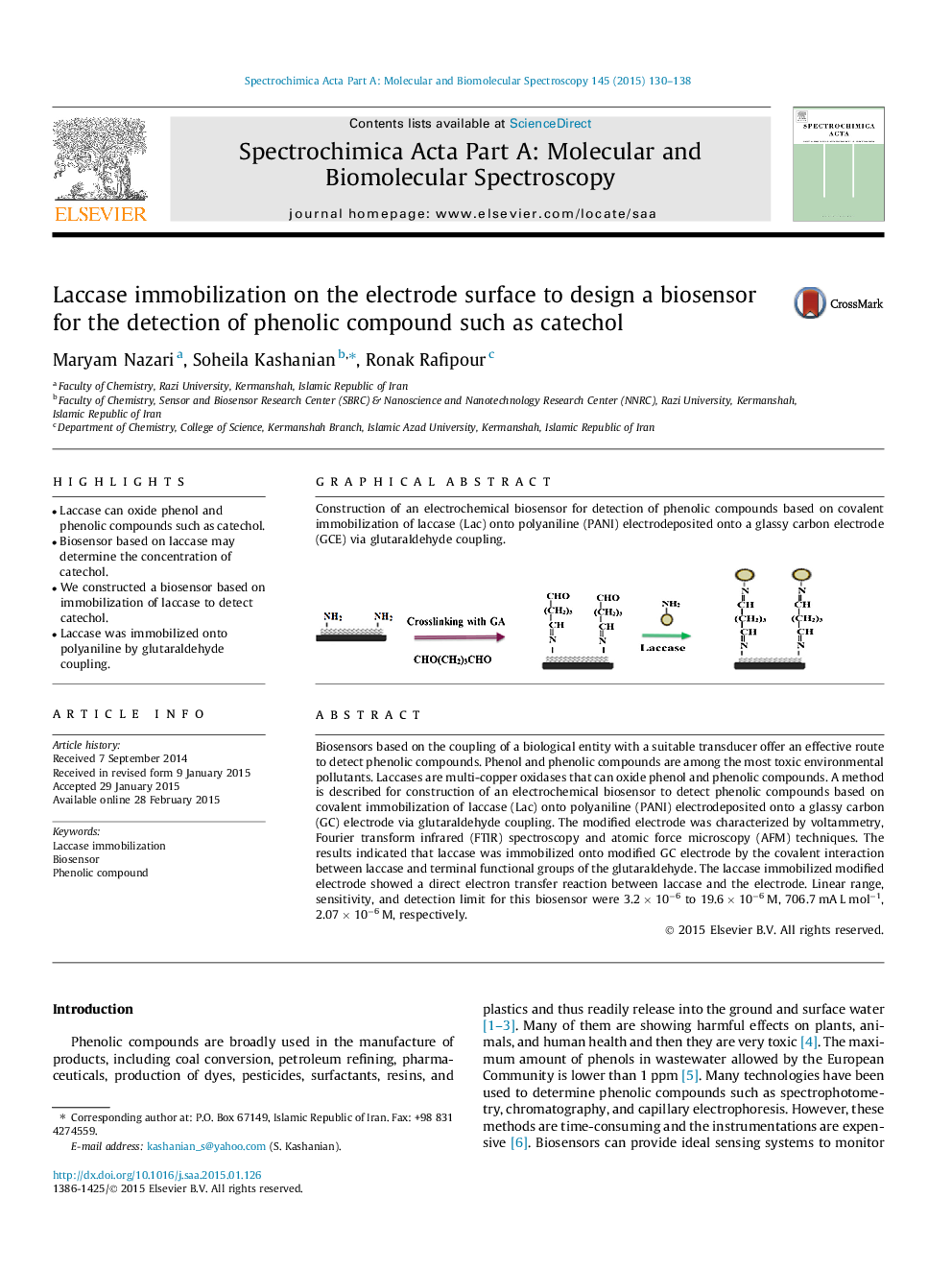 Laccase immobilization on the electrode surface to design a biosensor for the detection of phenolic compound such as catechol