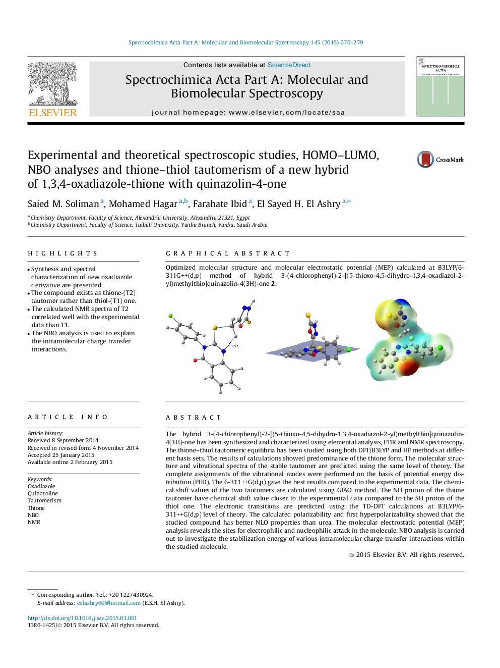 Experimental and theoretical spectroscopic studies, HOMO–LUMO, NBO analyses and thione–thiol tautomerism of a new hybrid of 1,3,4-oxadiazole-thione with quinazolin-4-one