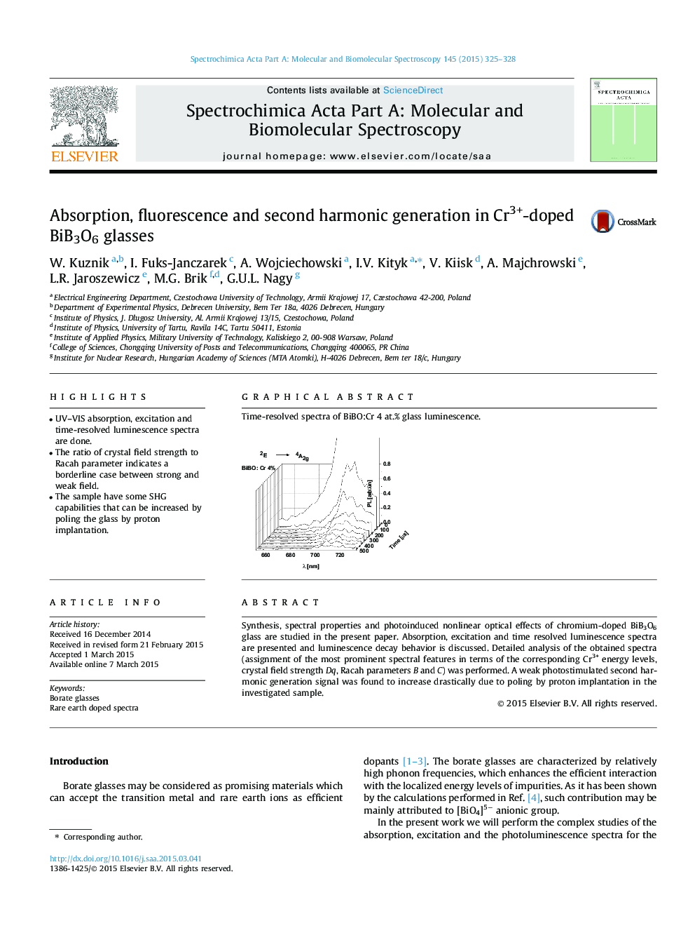 Absorption, fluorescence and second harmonic generation in Cr3+-doped BiB3O6 glasses