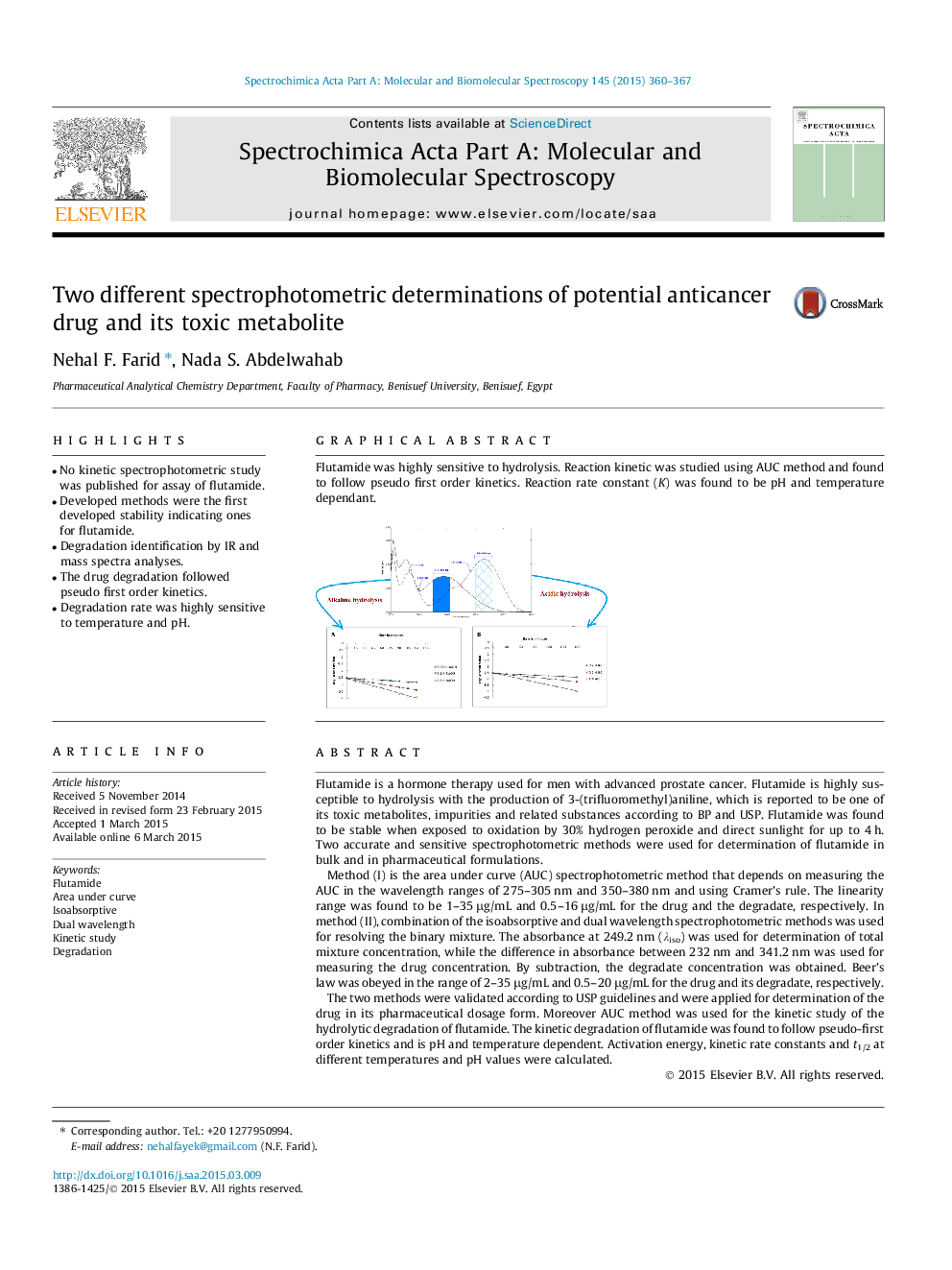 Two different spectrophotometric determinations of potential anticancer drug and its toxic metabolite