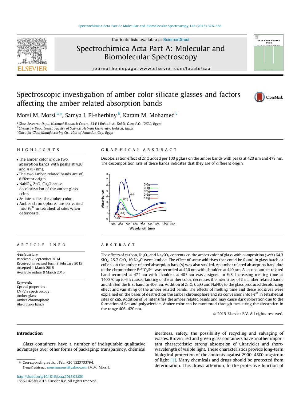 Spectroscopic investigation of amber color silicate glasses and factors affecting the amber related absorption bands