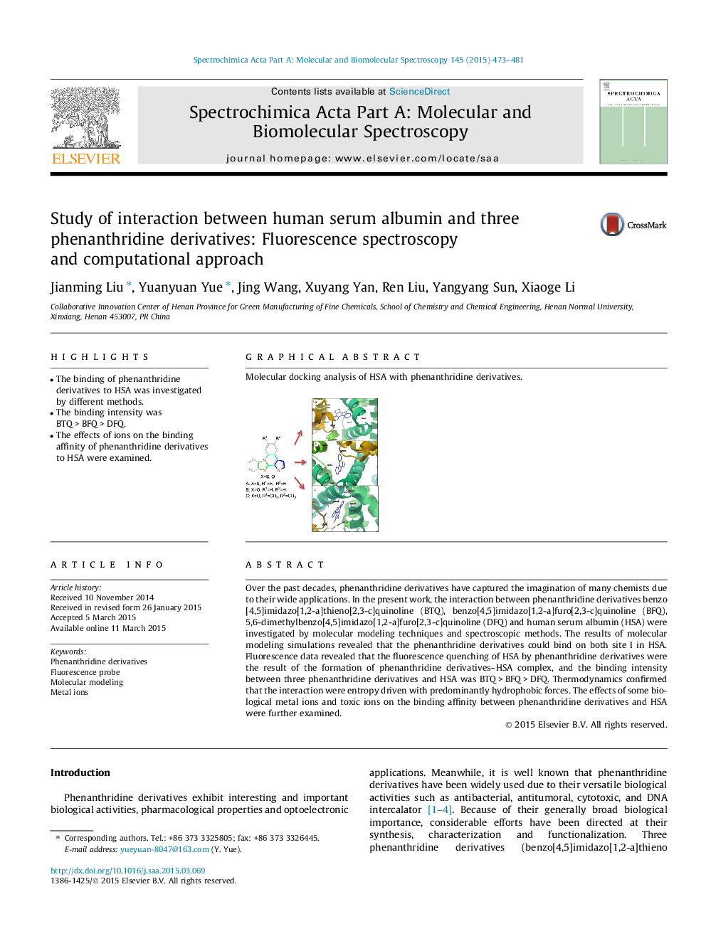 Study of interaction between human serum albumin and three phenanthridine derivatives: Fluorescence spectroscopy and computational approach