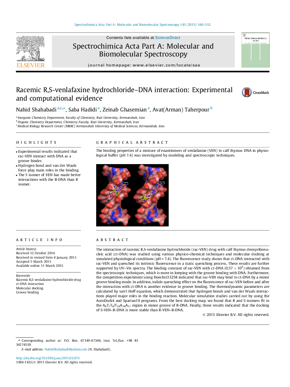 Racemic R,S-venlafaxine hydrochloride–DNA interaction: Experimental and computational evidence