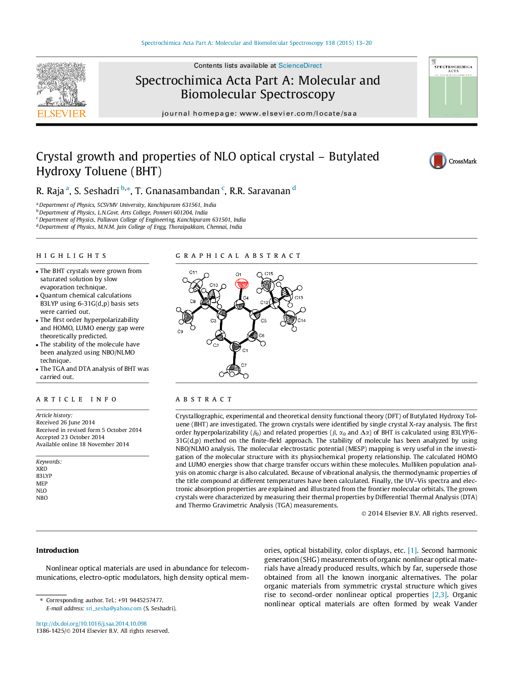 Crystal growth and properties of NLO optical crystal – Butylated Hydroxy Toluene (BHT)