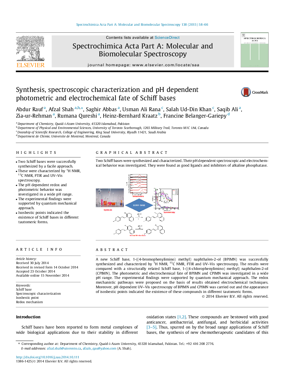 Synthesis, spectroscopic characterization and pH dependent photometric and electrochemical fate of Schiff bases