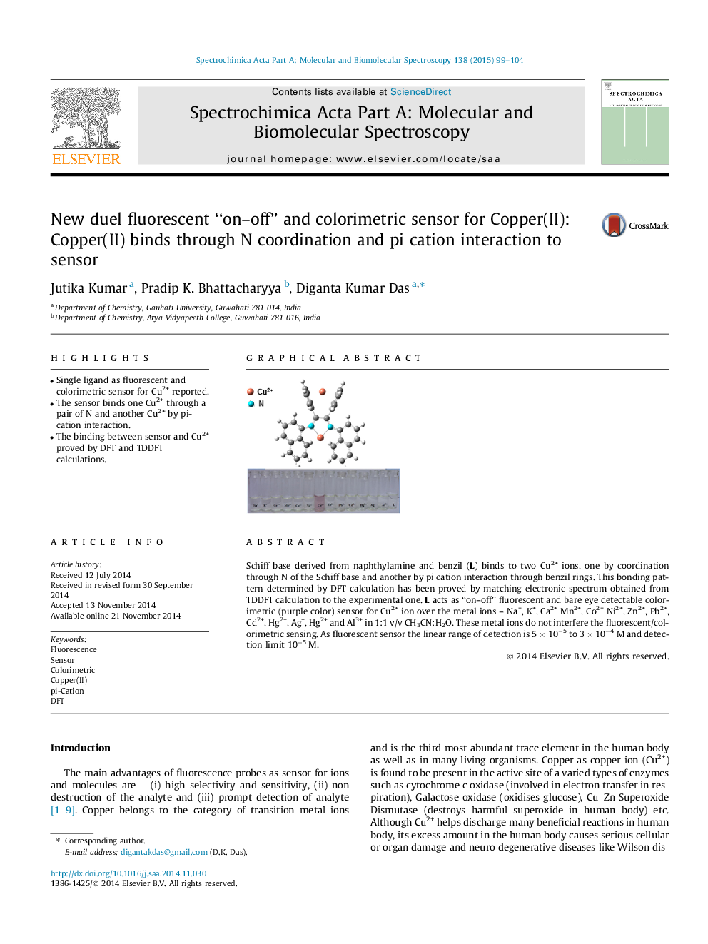 New duel fluorescent “on–off” and colorimetric sensor for Copper(II): Copper(II) binds through N coordination and pi cation interaction to sensor