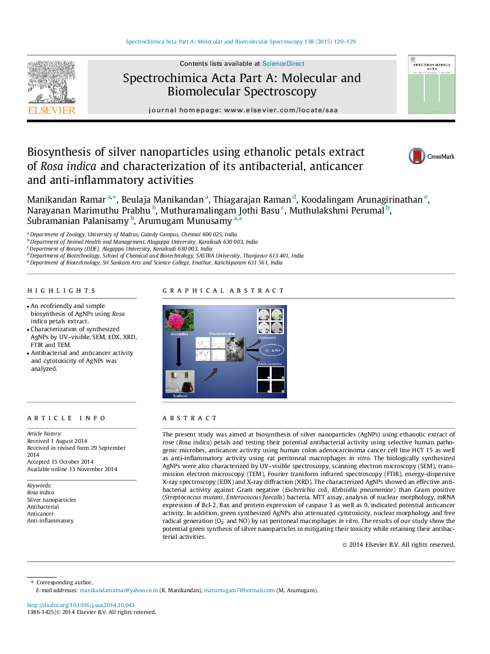 Biosynthesis of silver nanoparticles using ethanolic petals extract of Rosa indica and characterization of its antibacterial, anticancer and anti-inflammatory activities