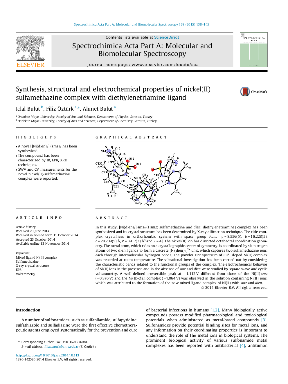 Synthesis, structural and electrochemical properties of nickel(II) sulfamethazine complex with diethylenetriamine ligand