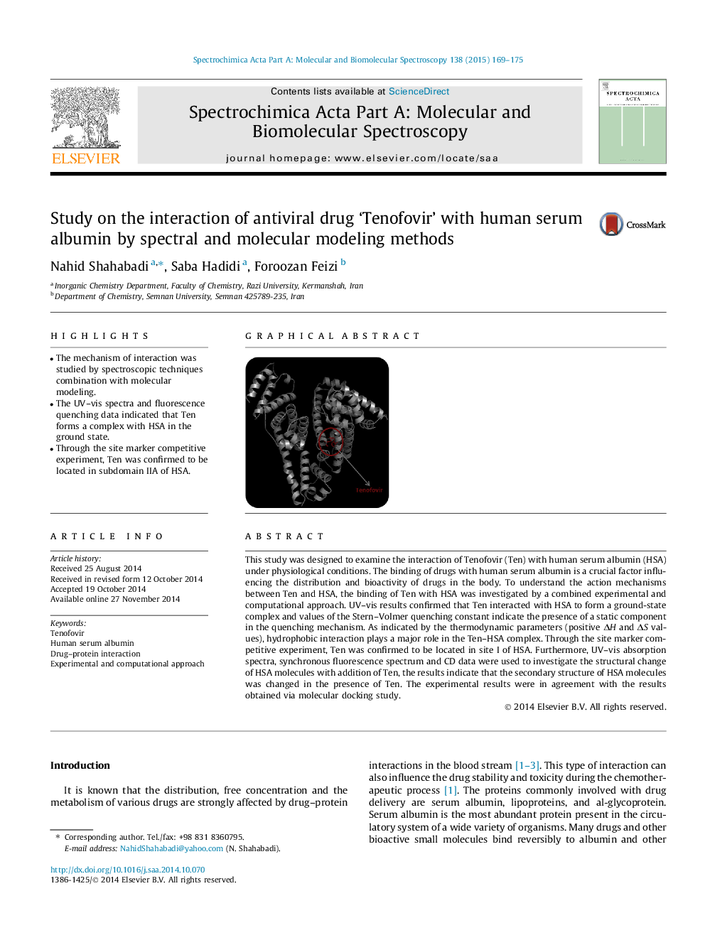 Study on the interaction of antiviral drug ‘Tenofovir’ with human serum albumin by spectral and molecular modeling methods