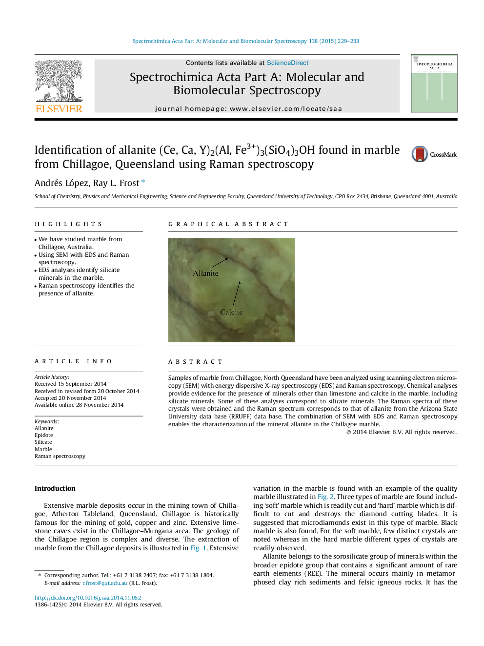 Identification of allanite (Ce, Ca, Y)2(Al, Fe3+)3(SiO4)3OH found in marble from Chillagoe, Queensland using Raman spectroscopy