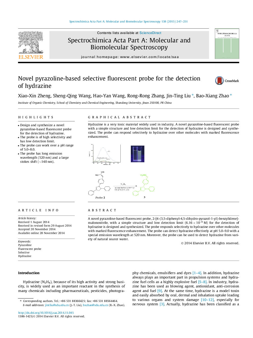 Novel pyrazoline-based selective fluorescent probe for the detection of hydrazine