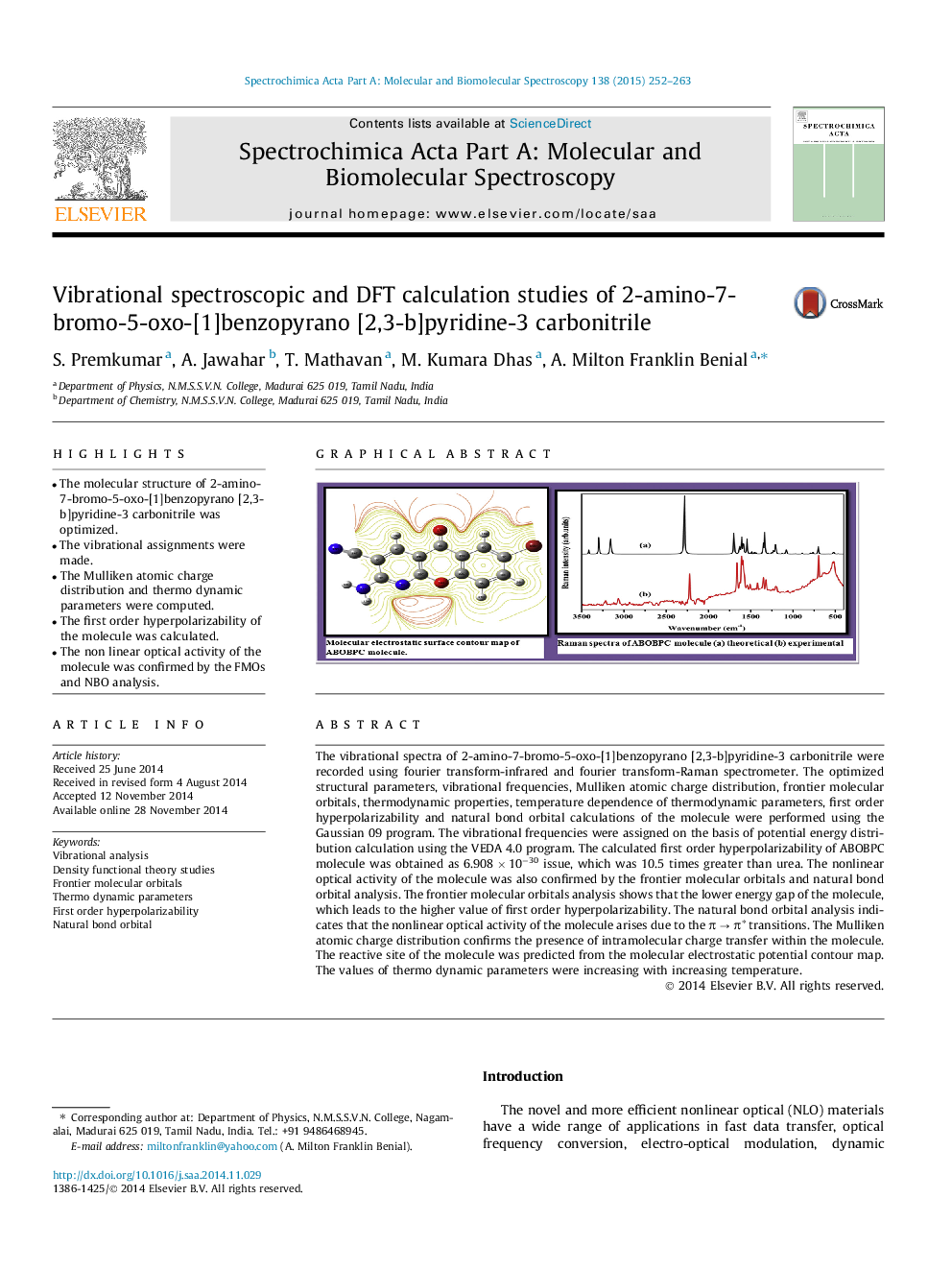 Vibrational spectroscopic and DFT calculation studies of 2-amino-7-bromo-5-oxo-[1]benzopyrano [2,3-b]pyridine-3 carbonitrile