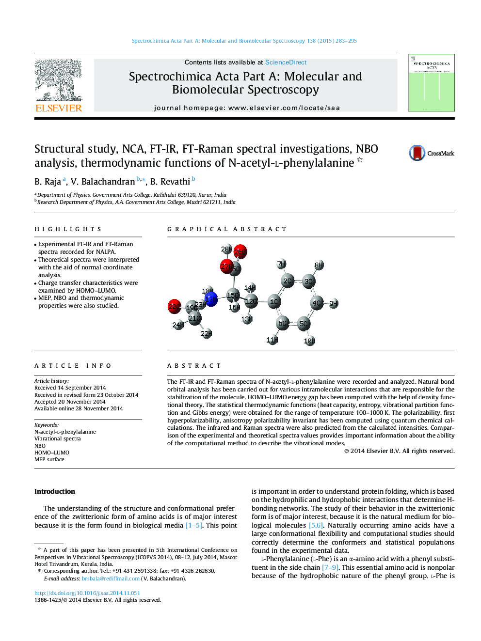 Structural study, NCA, FT-IR, FT-Raman spectral investigations, NBO analysis, thermodynamic functions of N-acetyl-l-phenylalanine 