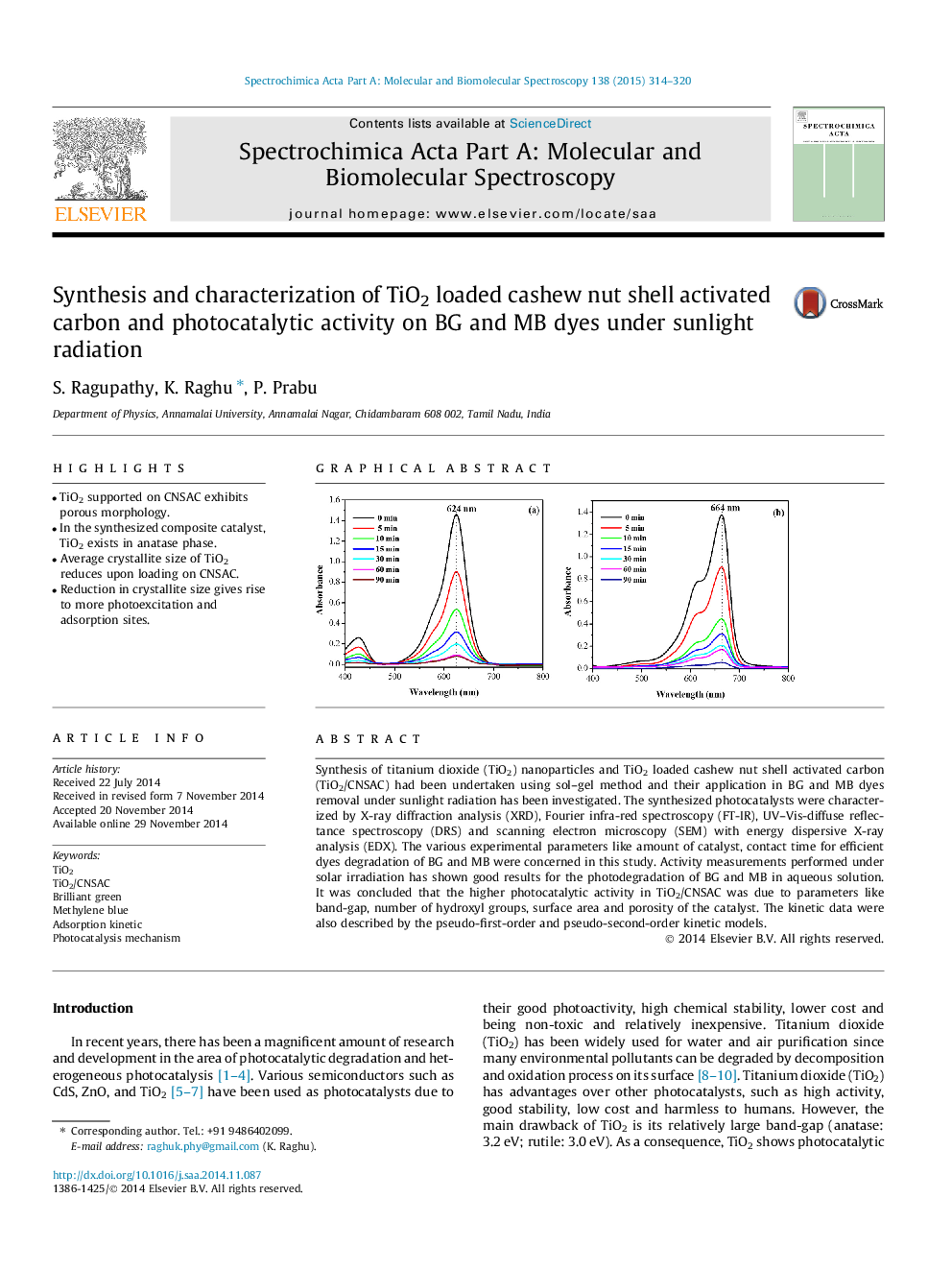 Synthesis and characterization of TiO2 loaded cashew nut shell activated carbon and photocatalytic activity on BG and MB dyes under sunlight radiation