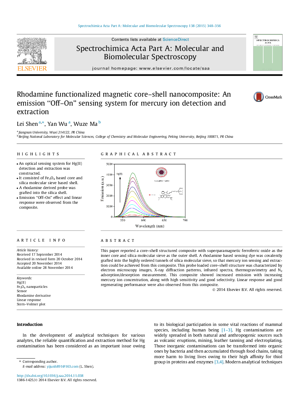 Rhodamine functionalized magnetic core–shell nanocomposite: An emission “Off–On” sensing system for mercury ion detection and extraction