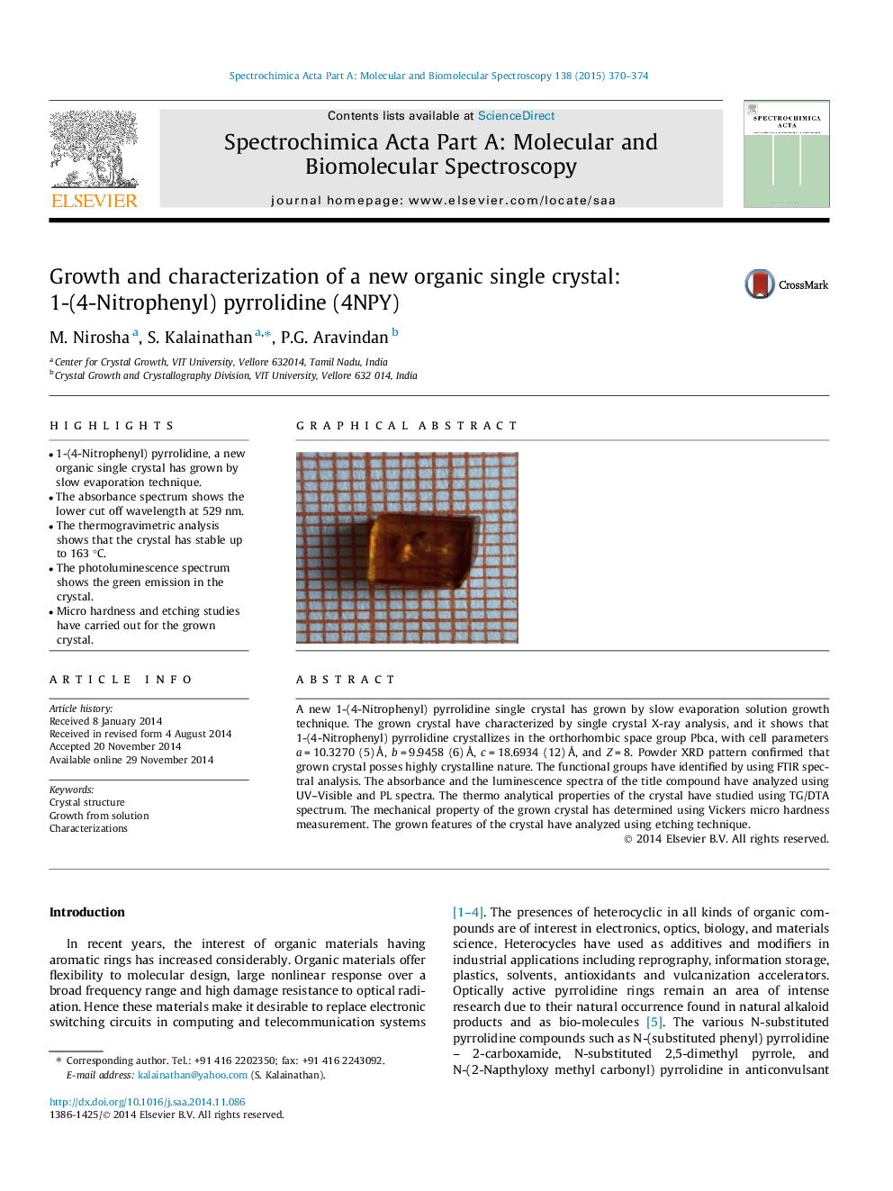 Growth and characterization of a new organic single crystal: 1-(4-Nitrophenyl) pyrrolidine (4NPY)