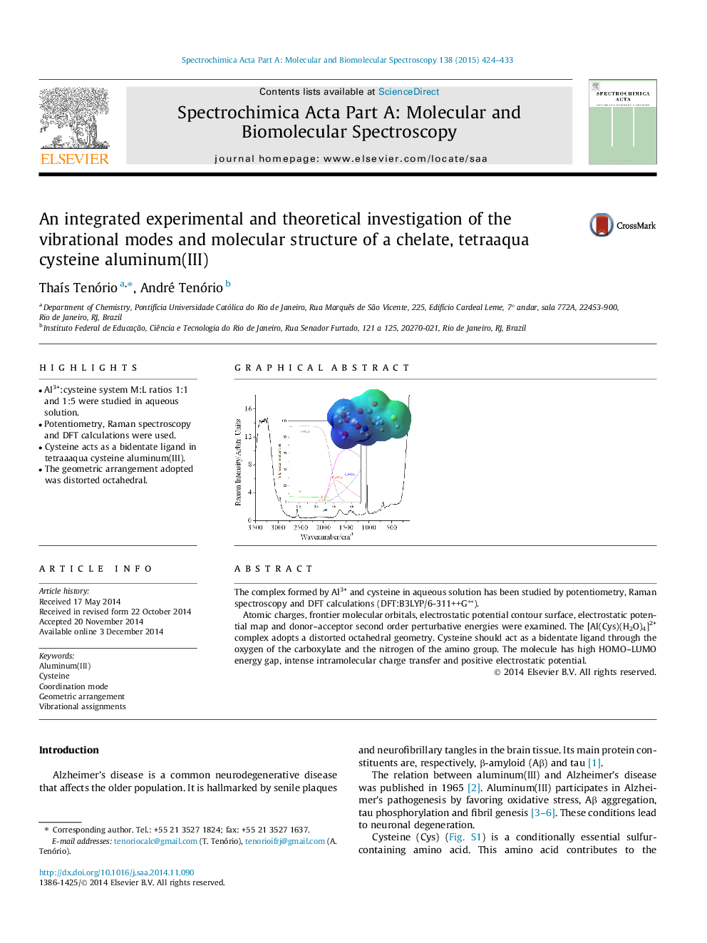 An integrated experimental and theoretical investigation of the vibrational modes and molecular structure of a chelate, tetraaqua cysteine aluminum(III)