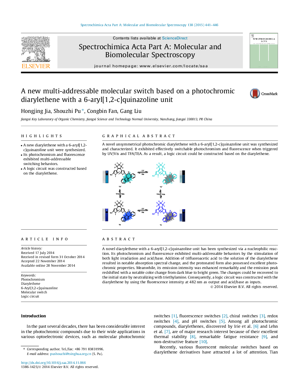 A new multi-addressable molecular switch based on a photochromic diarylethene with a 6-aryl[1,2-c]quinazoline unit