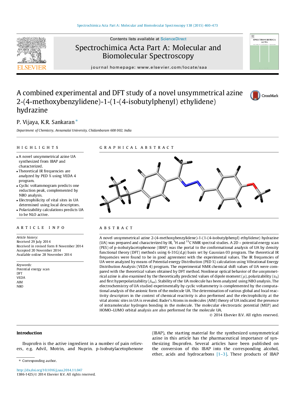 A combined experimental and DFT study of a novel unsymmetrical azine 2-(4-methoxybenzylidene)-1-(1-(4-isobutylphenyl) ethylidene) hydrazine