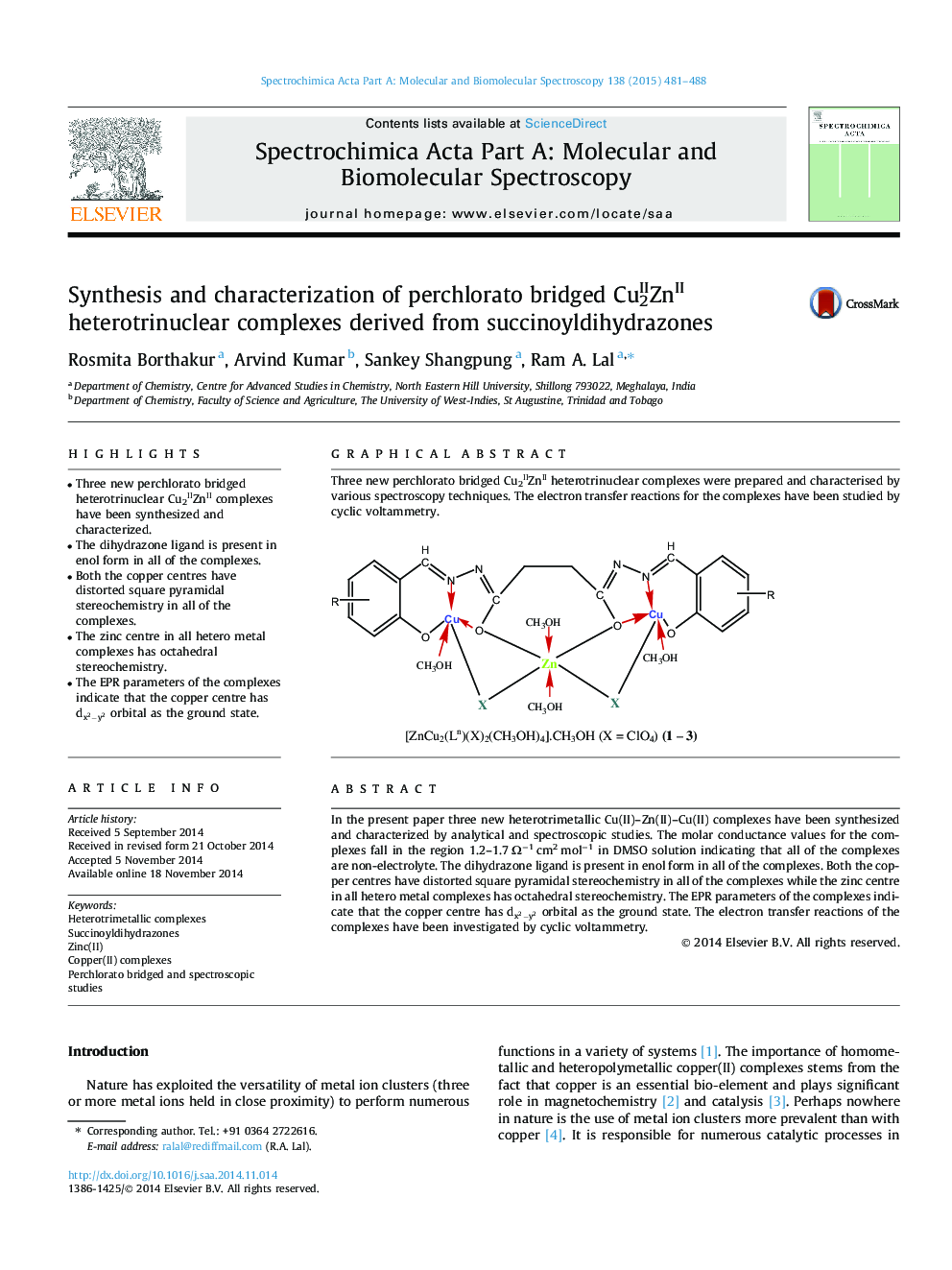 Synthesis and characterization of perchlorato bridged Cu2IIZnII heterotrinuclear complexes derived from succinoyldihydrazones