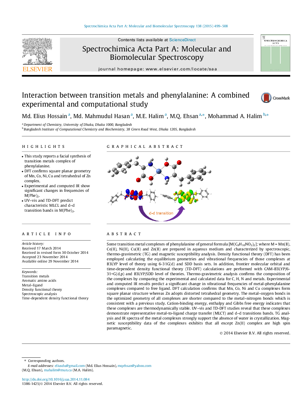 Interaction between transition metals and phenylalanine: A combined experimental and computational study