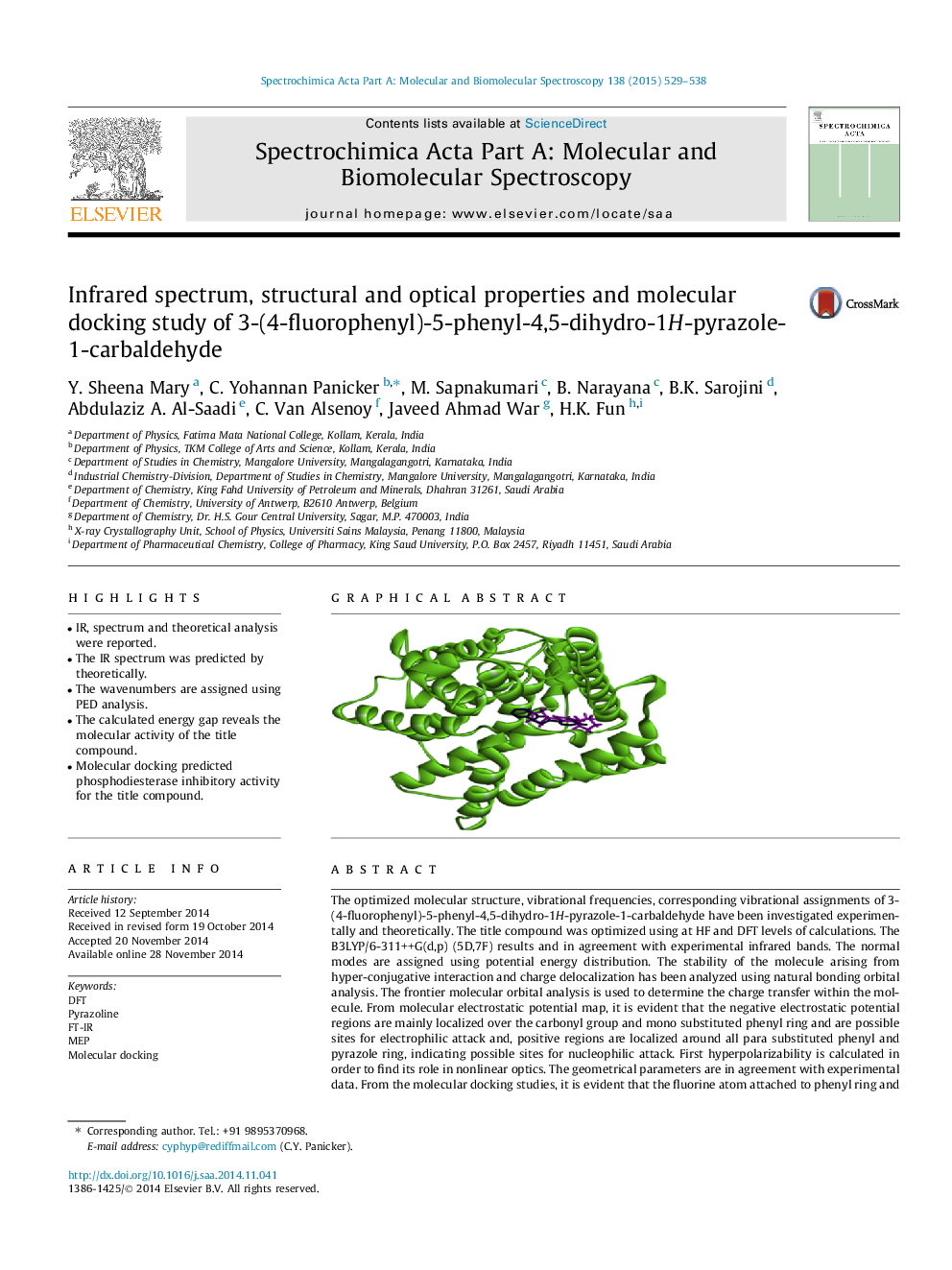 Infrared spectrum, structural and optical properties and molecular docking study of 3-(4-fluorophenyl)-5-phenyl-4,5-dihydro-1H-pyrazole-1-carbaldehyde