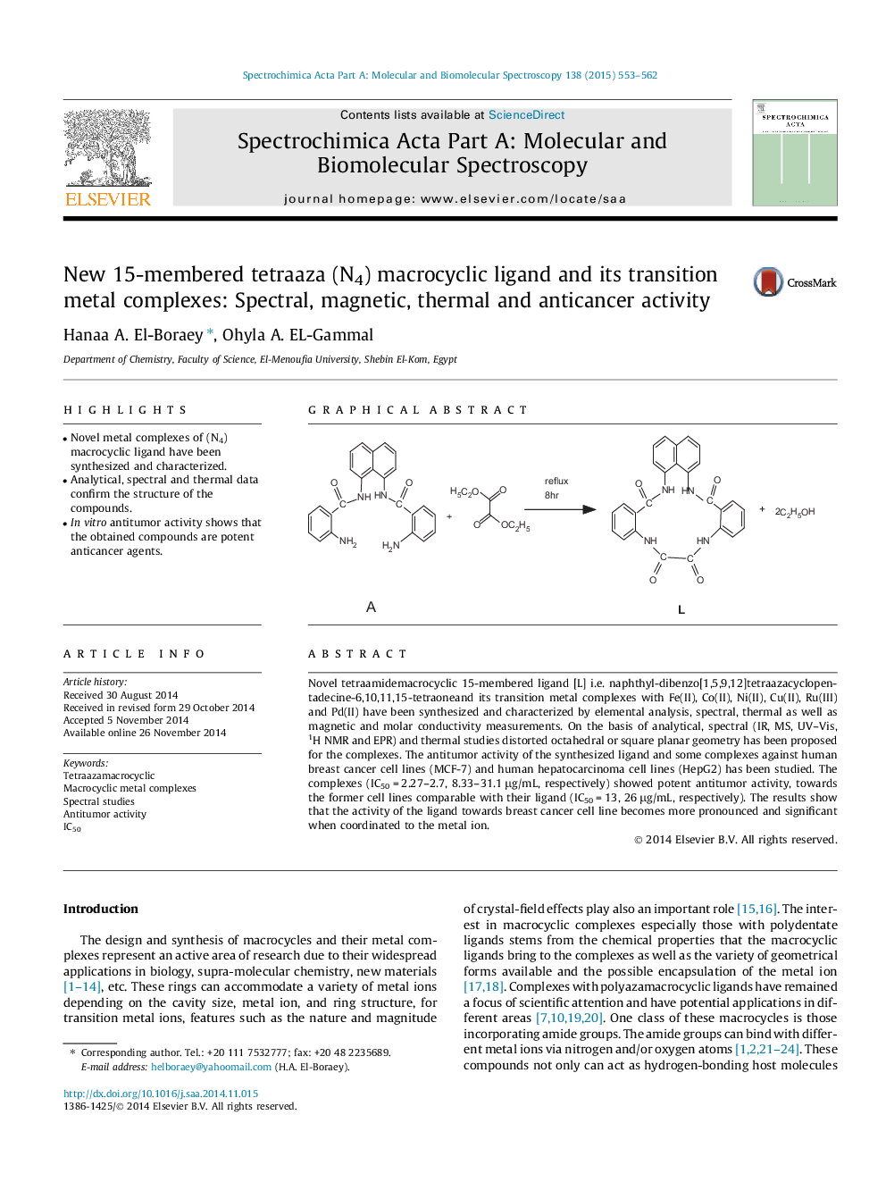 New 15-membered tetraaza (N4) macrocyclic ligand and its transition metal complexes: Spectral, magnetic, thermal and anticancer activity