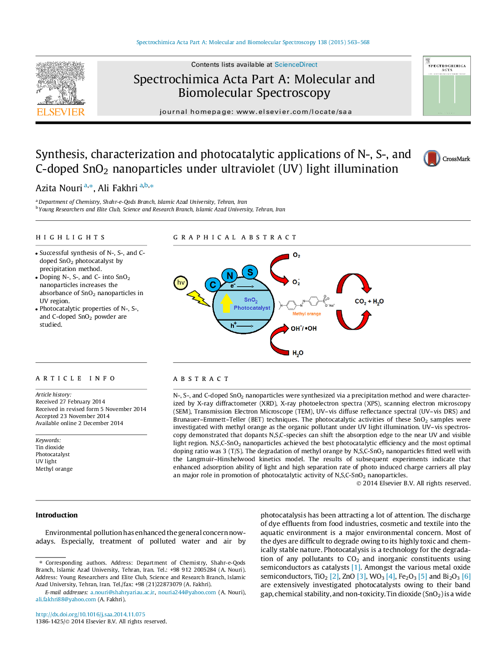 Synthesis, characterization and photocatalytic applications of N-, S-, and C-doped SnO2 nanoparticles under ultraviolet (UV) light illumination