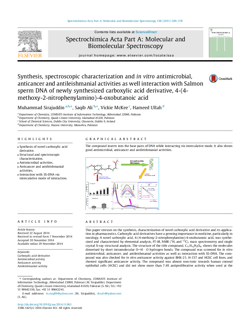 Synthesis, spectroscopic characterization and in vitro antimicrobial, anticancer and antileishmanial activities as well interaction with Salmon sperm DNA of newly synthesized carboxylic acid derivative, 4-(4-methoxy-2-nitrophenylamino)-4-oxobutanoic acid